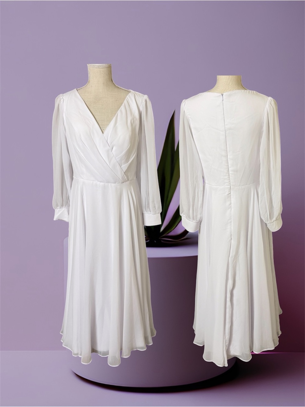 Women’s 14 Elegant White Long Sleeve Midi Dress